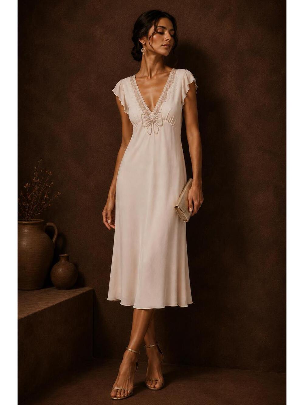 NWT Free People Raok Pastel Rose Tan Midi Dress with Lace and Pearl Bow Detail M